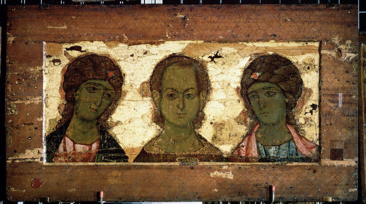 Mesih Emmanuel, Başmelekler Mikail ve Cebrail (Başmelekler Mikail ve Cebrail ile birlikte Mesih Emmanuel) ile çevrilidir. Rus ikonu, ahşap üzerine tempera, 12. yüzyılın sonları. Vladimir Sanatı (Rusya). Devlet Tretyakov Galerisi, Moskova (Rusya). by School Russian