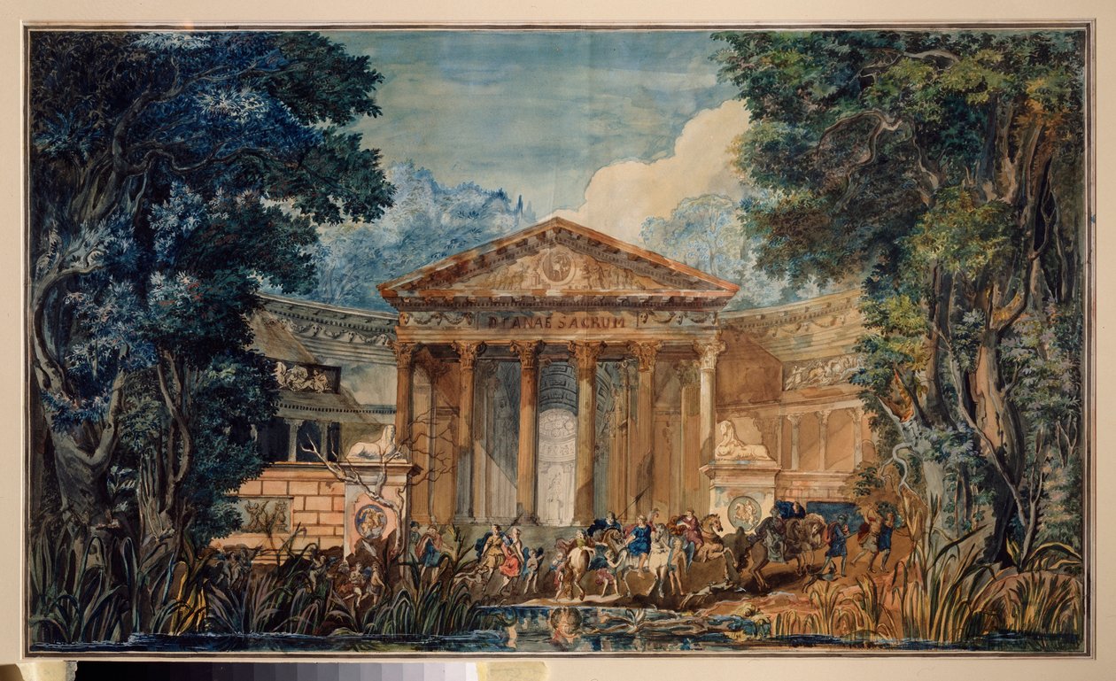 Giovanni Paisiello (Paesieillo veya Paesieixo) (1740-1816) tarafından "Fedra" (Phedre) operası için hazırlık dekoru. Bir Rus ustasının, kağıt üzerine suluboya ve guaj boyası, 1800 civarı. Rus senografi sanatı by School Russian