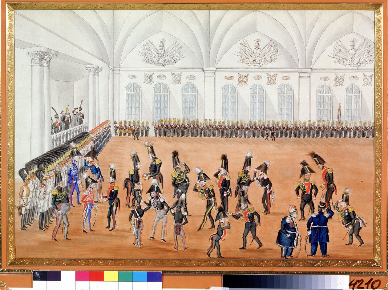 Muhafız Geçit Töreni. Anonim resim. Kağıt üzerine suluboya, yaklaşık 1820. Rus sanatı, hiciv. A. Puşkin Anıt Müzesi, Saint Petersburg. by School Russian