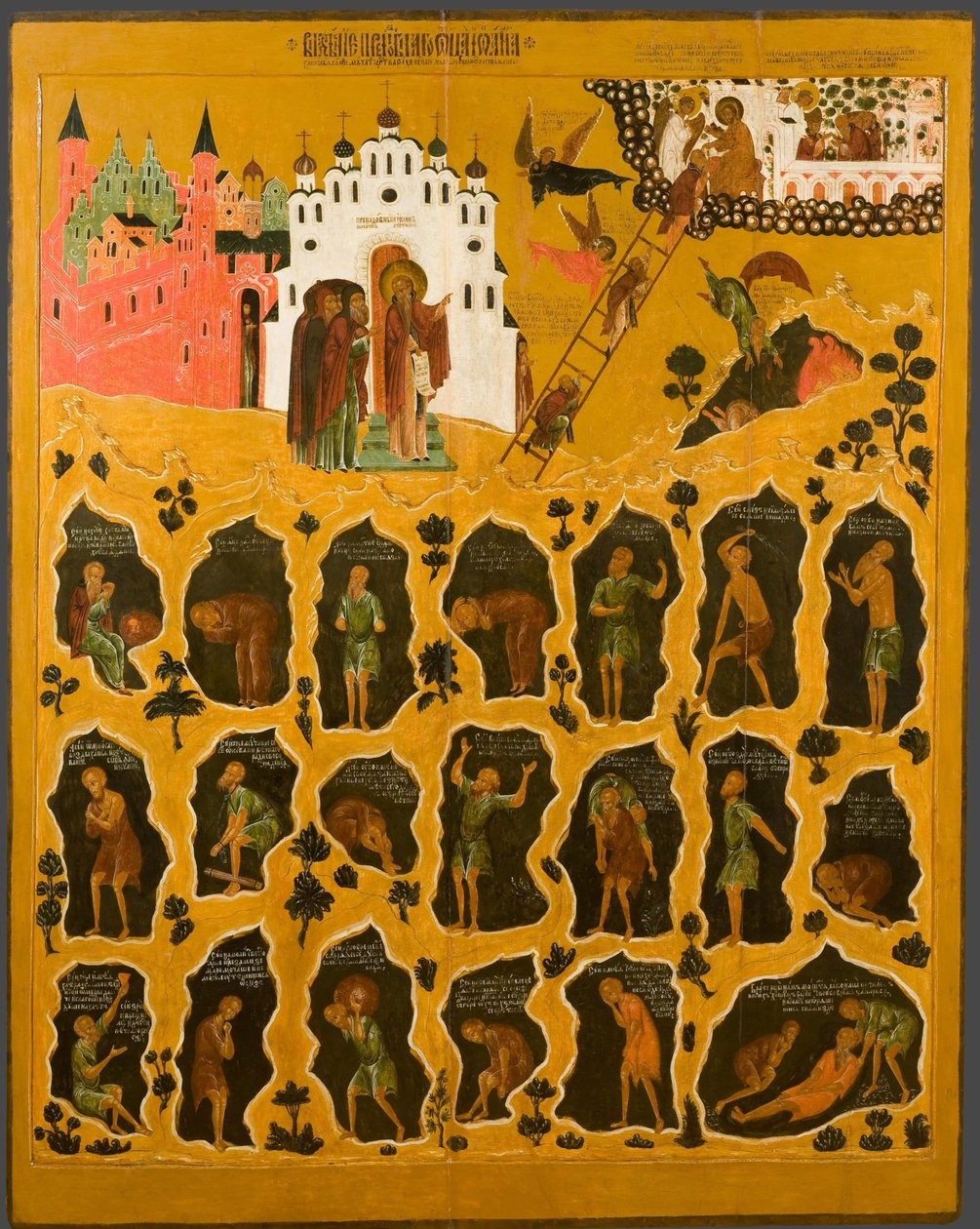 ""Saint John Climacus'un vizyonu"" Sağ üstte, Saint John the Sinaiticus'un kutsal merdiveni temsil edilir - Merdivenin tepesine ulaşan keşişleri ve cehenneme düşenleri temsil eder - 16. yüzyılın başlarından itibaren Rus simgesi  by School Russian