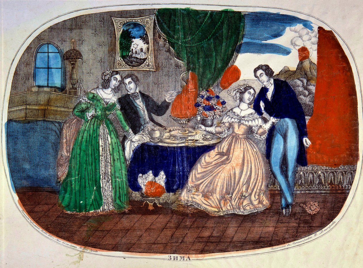Mondanite: iki çift arasındaki yemek ve baştan çıkarma sahnesi. Rusya. 1850 civarı gravür. Özel Koleksiyon by School Russian