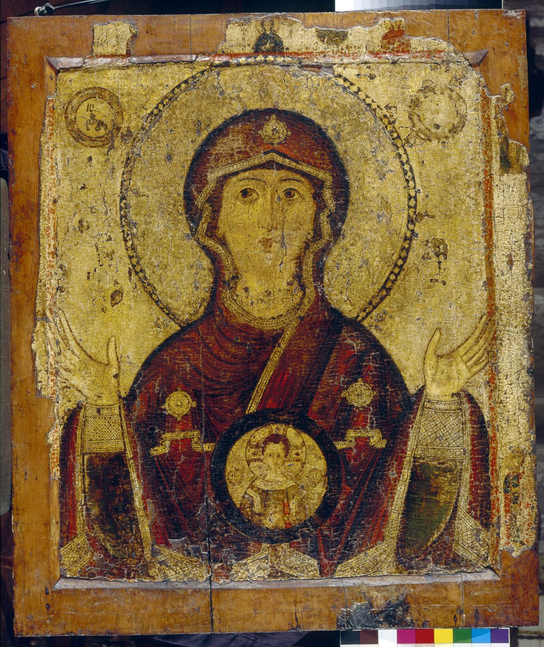 Notre Dame du Signe - Icone russe, tempera sur bois (73,4x64 cm), ilk 13eme siecle - (Burcun Hanımefendisi, Panelde Tempera, rus simgesi, 13. yüzyılın başı) - Devlet Tretyakov Galerisi, Moskova by School Russian