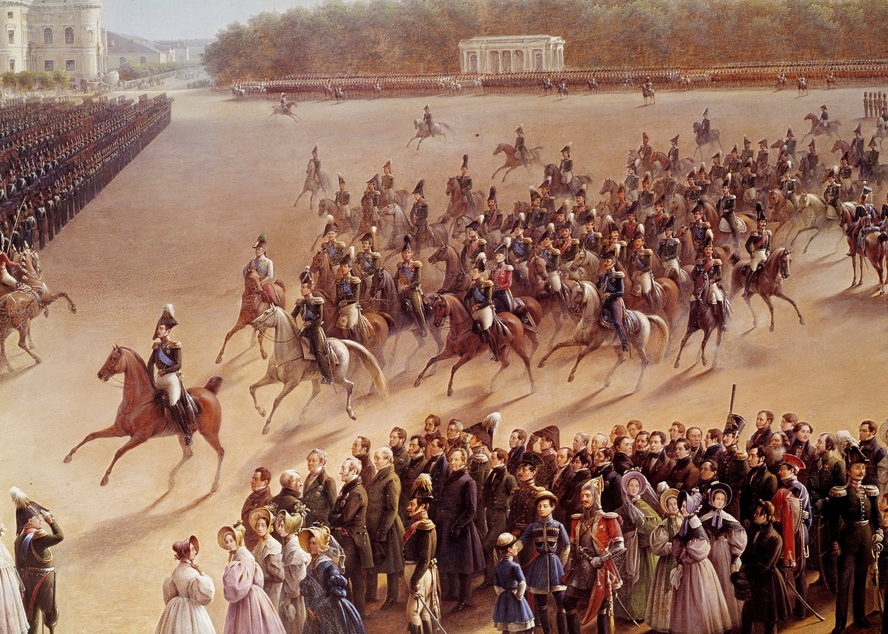 Champs de Mars'ta geçit töreni, ön planda Alexandre Pushkin (Puşkin) (1799-1837) ve Nicolas I (1796-1855), Paris Detail'de bir arabada imperatrice'in önüne giden bir at üzerinde. Rus Okulu'nun resmi. 1825-1830. Petersburg, M by School Russian