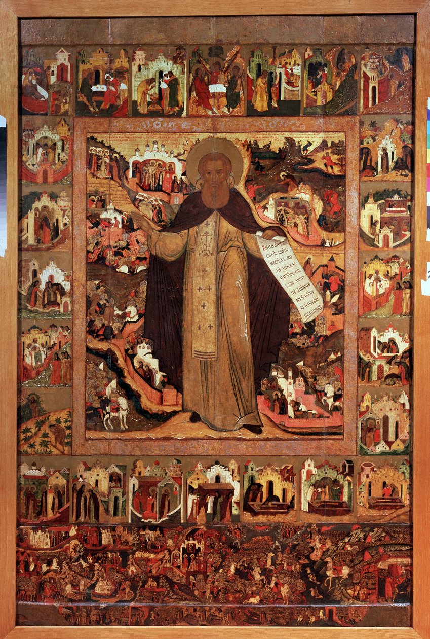 Radonege Aziz Sergius (1313-1392), hayatından sahnelerle (Hayatından Sahnelerle Radonezh Aziz Sergius). Rus ikonu, ahşap üzerine tempera, yaklaşık 1640. Yaroslavl
