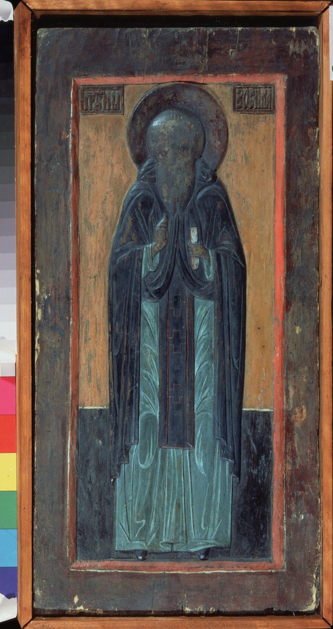 Solovki Aziz Zosimus (1478 öldü). Rus ikonu, çok renkli oyma ahşap, 16. yüzyılın ortalarında. Kuzeyden eski geleneksel Rus sanatı. Bölgesel Güzel ve Uygulamalı Sanatlar Müzesi, Smolensk (Rusya). by School Russian