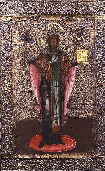 Mozhaisk Aziz Nikolaos, ikon, c.1700 (pirinç okladlı panelde tempera) by School Russian