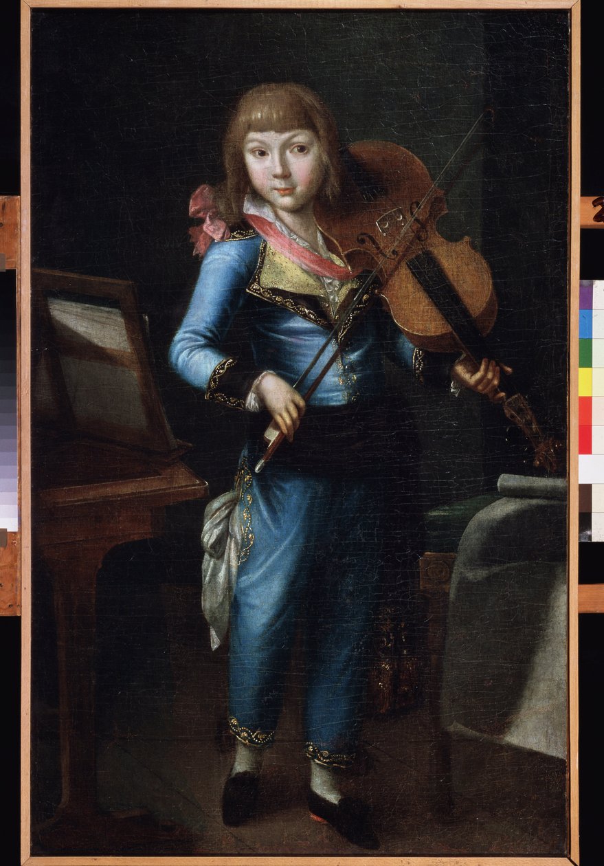 Mavi takım elbiseli genç bir kemancı. Bir Rus ustanın tablosu, tuval üzerine yağlıboya, yaklaşık 1790. 18. yüzyıl Rus sanatı. Müze Sarayı Tiyatrosu Ostankino, Moskova. by School Russian