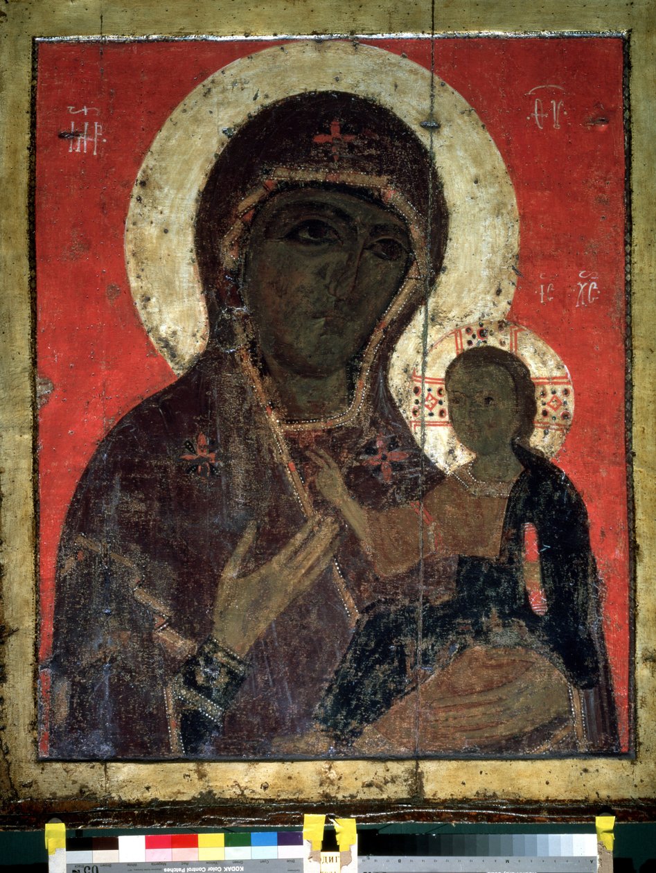 ""Bakire Hodegetria (Hodigitria)"" Rus simgesi. 13. yüzyıldan ahşap üzerine boyama. Devlet Tretyakov Galerisi, Moskova by School Russian