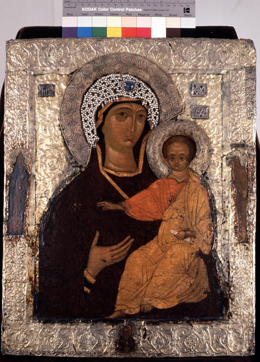 ""Vierge Hodegetria (Hodigitria) "" Icone russe. Peinture sur bois du 14eme siecle. St. Sergius