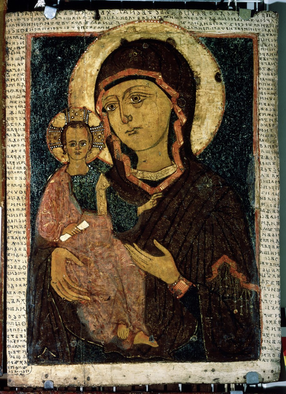 ""Bakire Hodegetria (Hodigitria)"" Meryem Ana ve halesi haçla işaretlenmiş çocuk İsa. Rus simgesi. 13. yüzyılın sonundan ahşap üzerine boyama. Devlet Tretyakov Galerisi, Moskova by School Russian