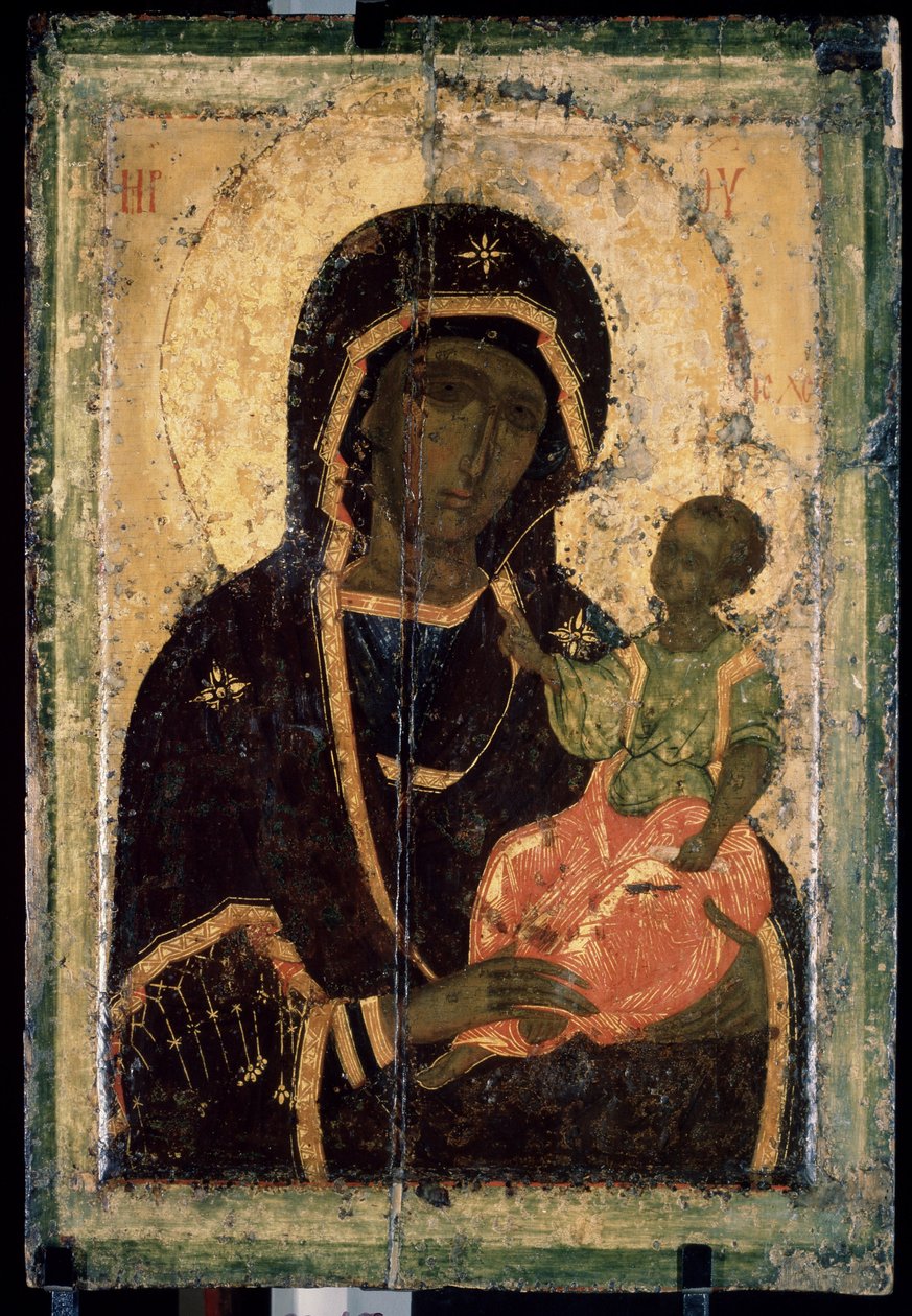 ""Bakire Hodegetria (Hodigitria)"" Rus simgesi. Ahşap üzerine boyama. 1360 dolaylarında. Devlet Tretyakov Galerisi, Moskova by School Russian