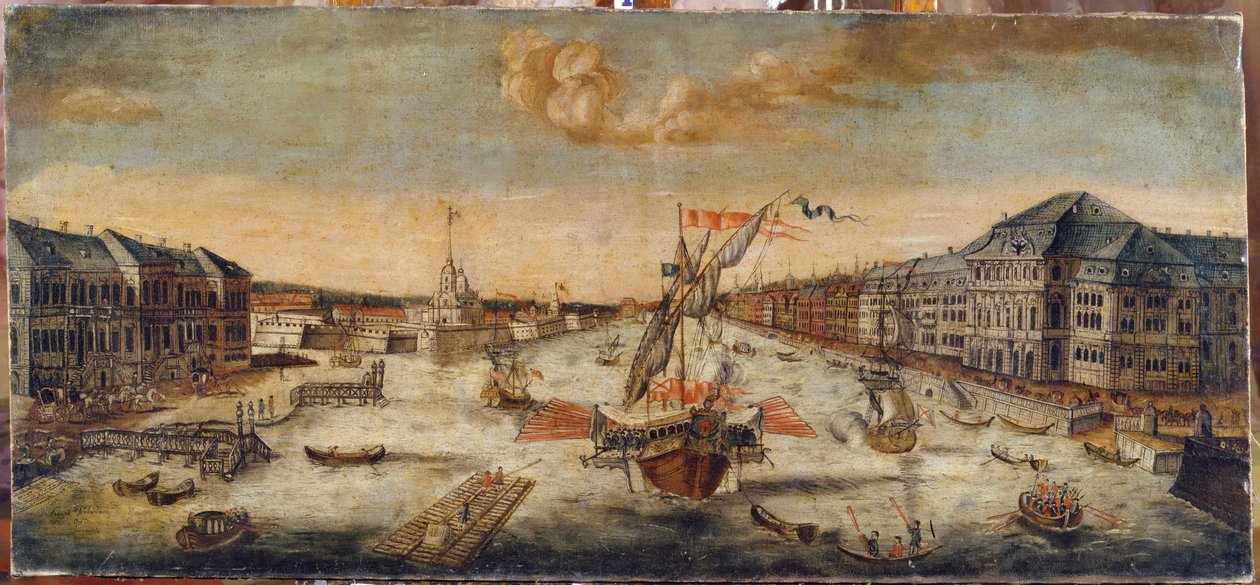 Neva (Saint Petersburg) kıyılarının görünümü. Anonim tablo, tuval üzerine yağlı boya by School Russian