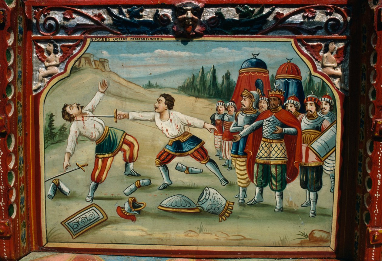 Boyalı, el oyması, geleneksel Sicilya arabası, Sicilya, İtalya, Detay by School Sicilian
