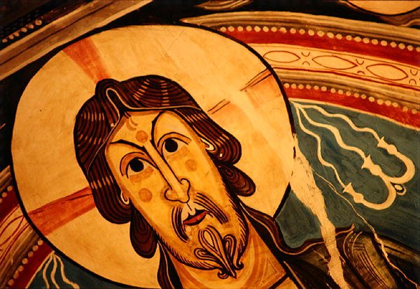 Yüksek melekler ve Evangelistlerin sembolleri ile çevrili Majesteleri İsa, 12. yüzyıl orijinalinin kopyası (fresk) (detay) by School Spanish