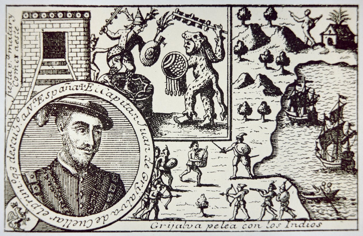 Juan de Grijalva komutasındaki İspanyollar Yucatan'a iner ve Maya savaşçılarıyla Champoton Savaşı'nda savaşırlar, Mayıs 1518 (litho) by School Spanish