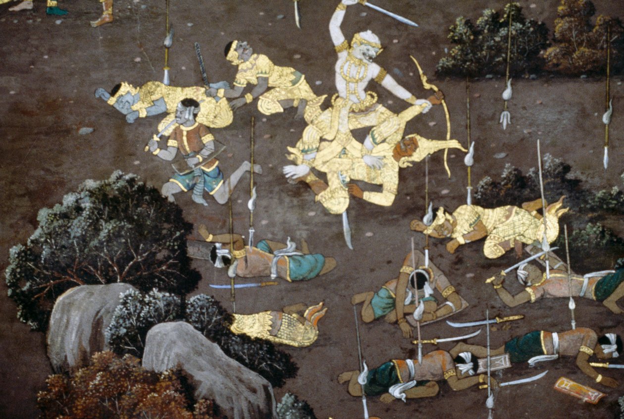 Ramayana'dan sahneler, Zümrüt Buda Tapınağı'nın manastırındaki freskler, Bangkok, Tayland by School Thai