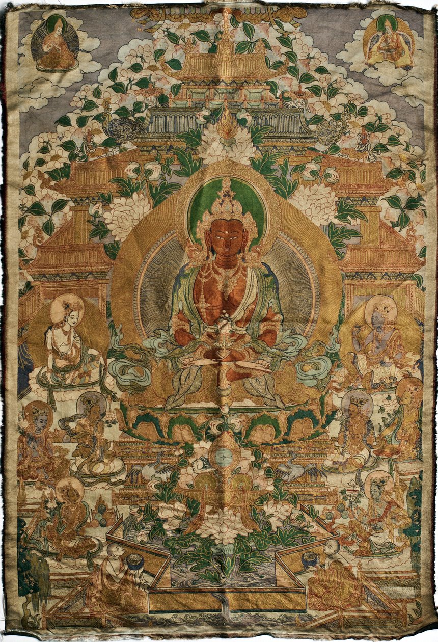 Amitabha (saf toprağın budası) - Tibet resmi, kumaş üzerine pigmentler ve altın, 19. yüzyıl sonu, 74x51 cm - (Amitayus Buddha Thangka, Tibet kültürü, Tekstil üzerine pigmentler ve altın, 19. yüzyılın sonu) - Özel Koleksiyon by School Tibetan