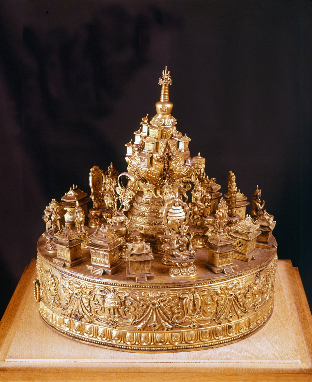Mandala Tibetain: sculpé altın bronzdan yapılmış nadir bir parça. Mandala, merkezinde yüce tanrı Indra