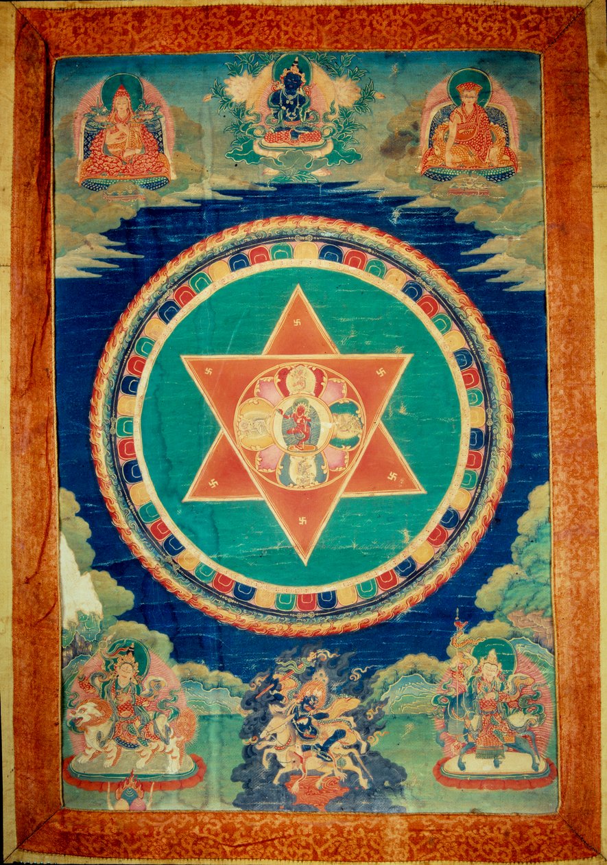 Mandala de vajravarami tanrıça dansları (ortada) adı “adamantine laie”” anlamına gelir. Tibet by School Tibetan