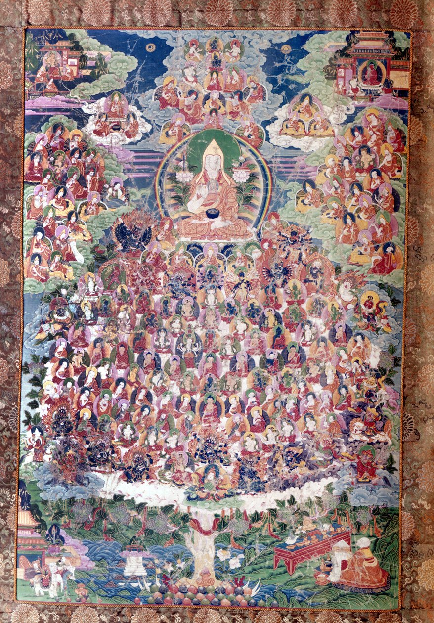 Büyük reformcu Tsong ka Pa (soğan vadisinden gelen adam). 1358'de Doğu Tibet'teki Amdo eyaletinde doğdu, Ganden ve Sera manastırlarını inşa etti, katı bir ayin reformu getirdi ve manastır kurallarına uyulmasını empoze etti. by School Tibetan