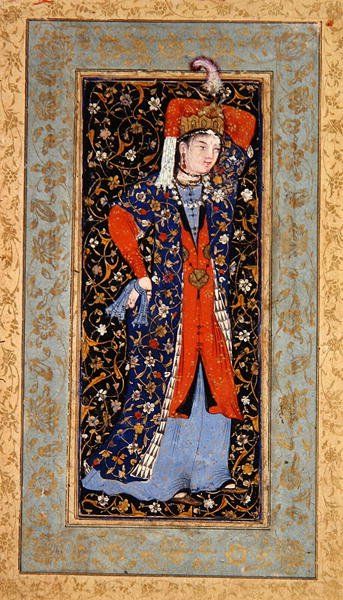 Her iki elinde mendil olan Kadın Dansçı, c.1560 (kağıt üzerine mürekkep ve altın ile guaj boya) by School Uzbek