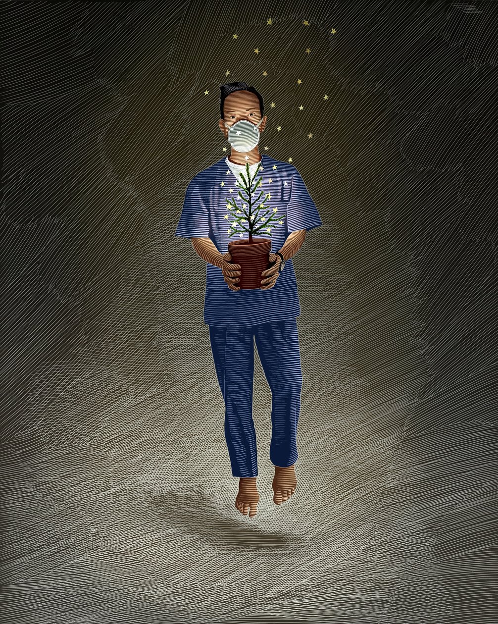 Hemşire Melek, 2020 (karalama tahtası, dijital olarak renklendirilmiş) by Scott McKowen