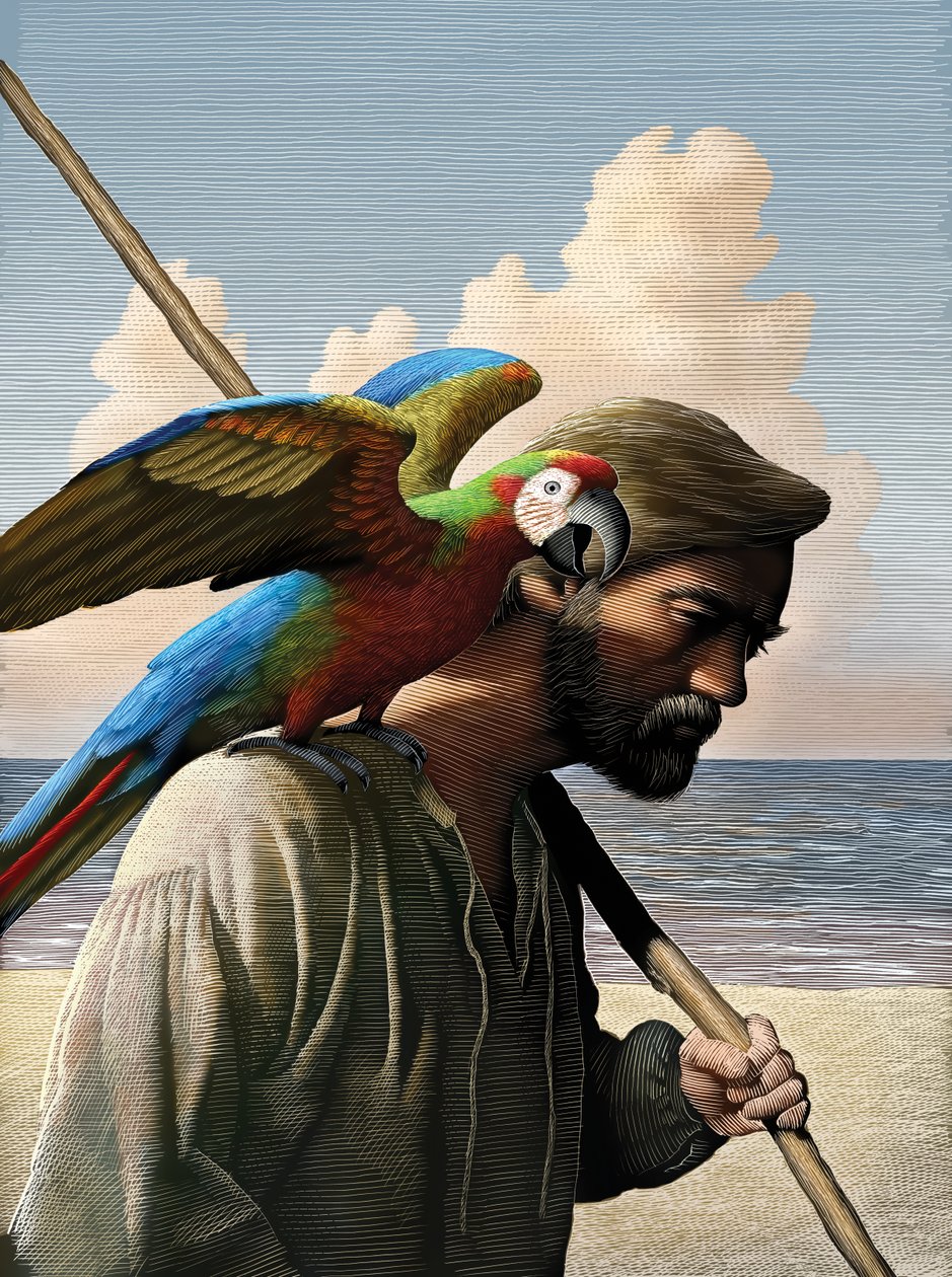 Robinson Crusoe, 2011 (karalama tahtası, dijital olarak renklendirilmiş) by Scott McKowen