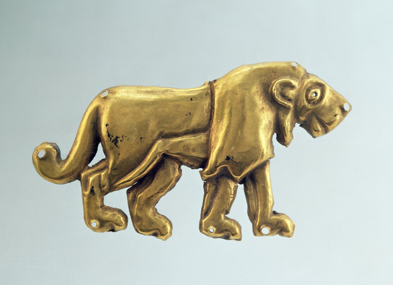 Striding lion, ornament from a funerary canopy, late 3rd millennium BC (gold) by Scythian