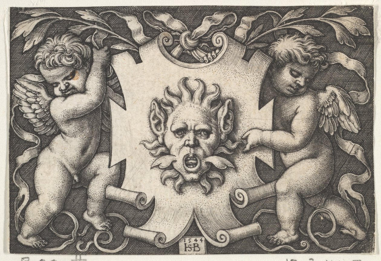 İki Cin Tarafından Desteklenen Rozet Üzerinde Bir Maske, 1544. by Sebald Beham