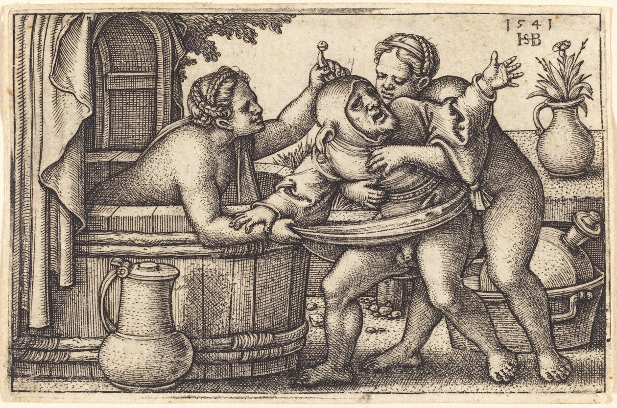 Palyaço ve iki kadın banyo by Sebald Beham