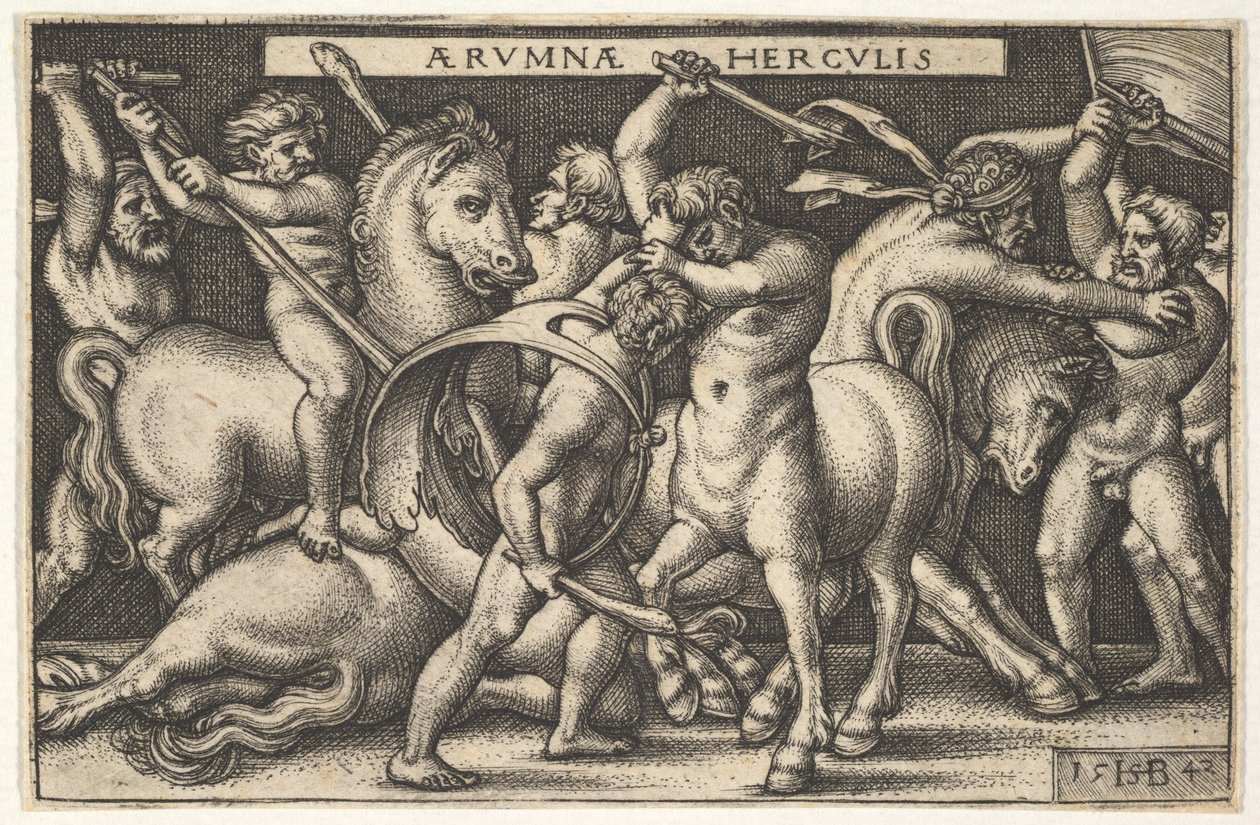 Herkül, sopasıyla merkezde bir centaurla savaşırken, diğer adamlar centaurlarla savaşmak için soldan bir..., 1542. by Sebald Beham