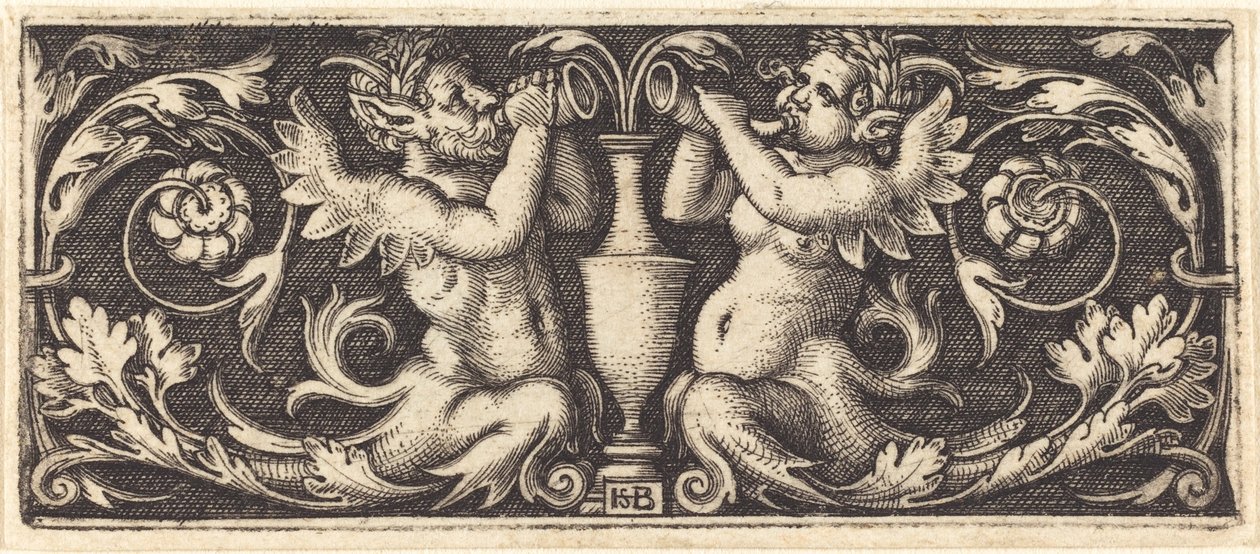 Boynuzları Üfleyen İki Tritonlu Süsleme by Sebald Beham