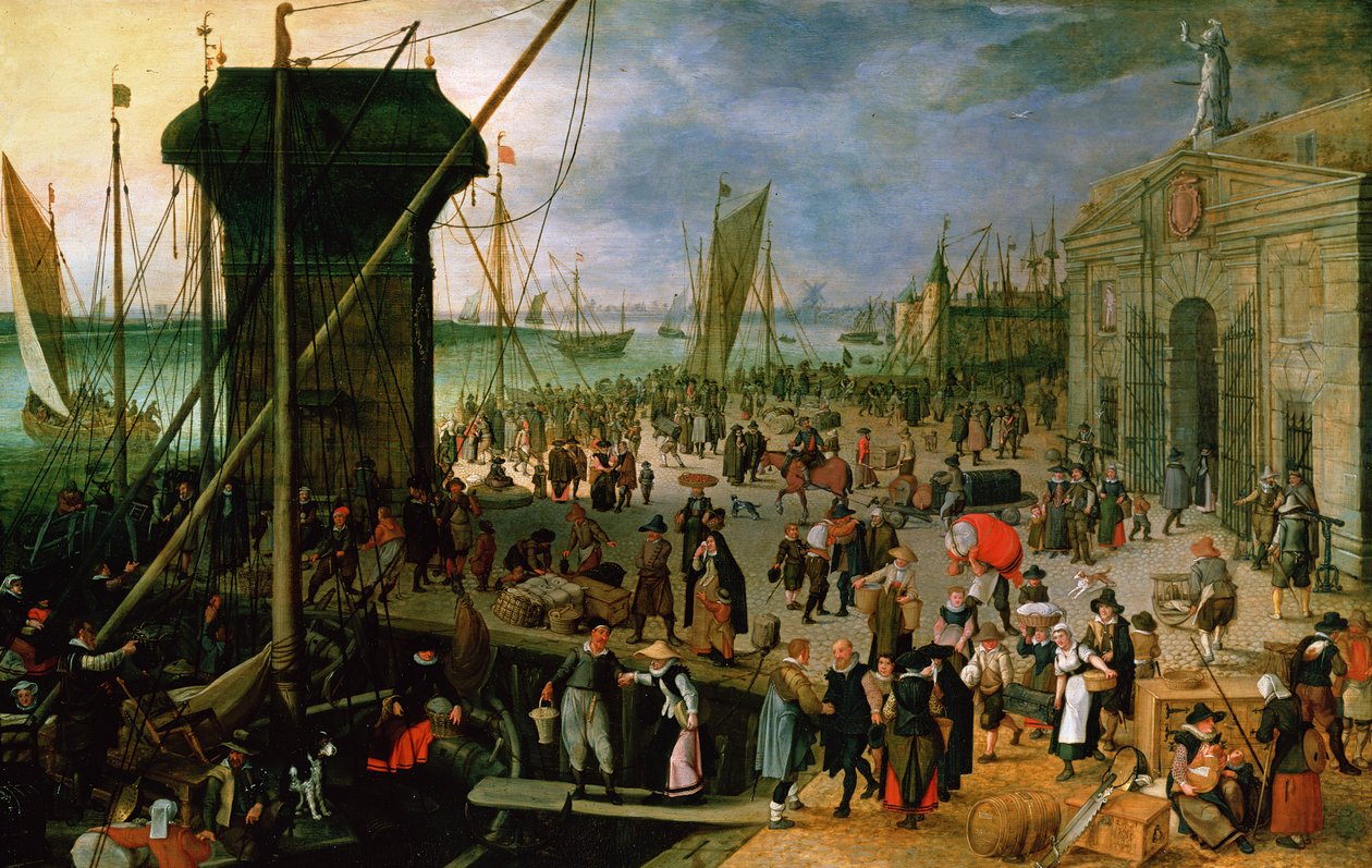 Kraanenhoofd ve Werf Kapısı ile Antwerp limanının bir görünümü, 1608 by Sebastian Vrancx