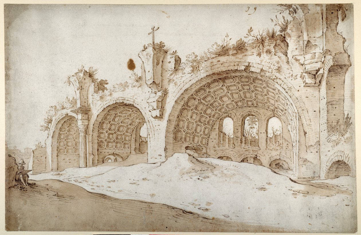 Konstantin ve Maxentius Bazilikası (beyaz kağıt üzerine kahverengi astarlı kalem ve kahverengi mürekkep) by Sebastian Vrancx