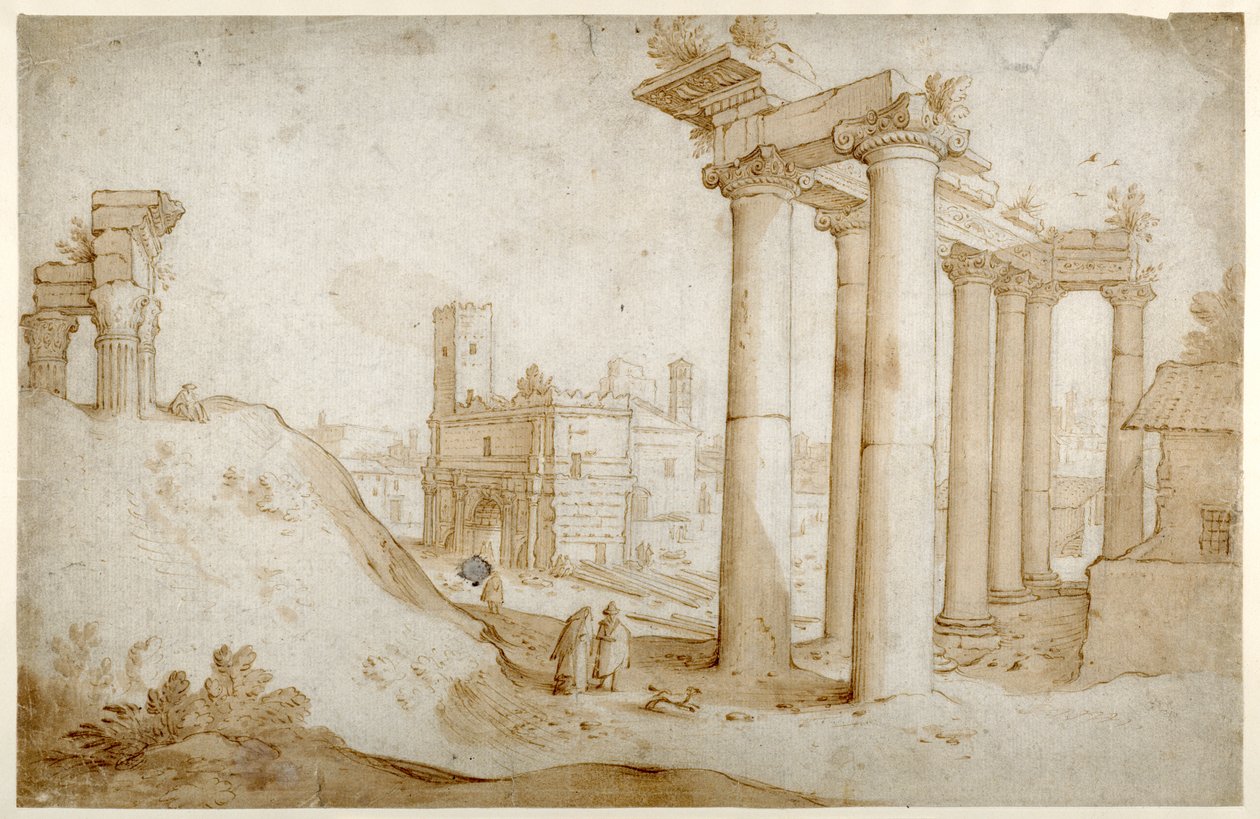 Titus ve Vespasian Tapınağı, Satürn Tapınağı ve Septimius Severus Kemeri ile Forum Romanum (kağıt üzerinde kalem ve kahverengi mürekkepli kalem ve kahverengi mürekkep) by Sebastian Vrancx