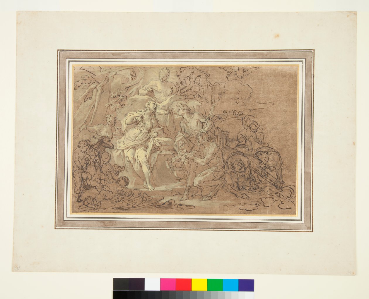 Bacchus ve Ariadne c.1715 (kahverengi zemin üzerine siyah tebeşir üzerine kalem ve mürekkep) by Sebastiano Conca