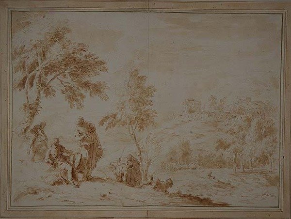Hill-town ile Geniş Pastoral Manzara, c.1720 (kahverengi mürekkep ve yıkama) by Sebastiano Ricci
