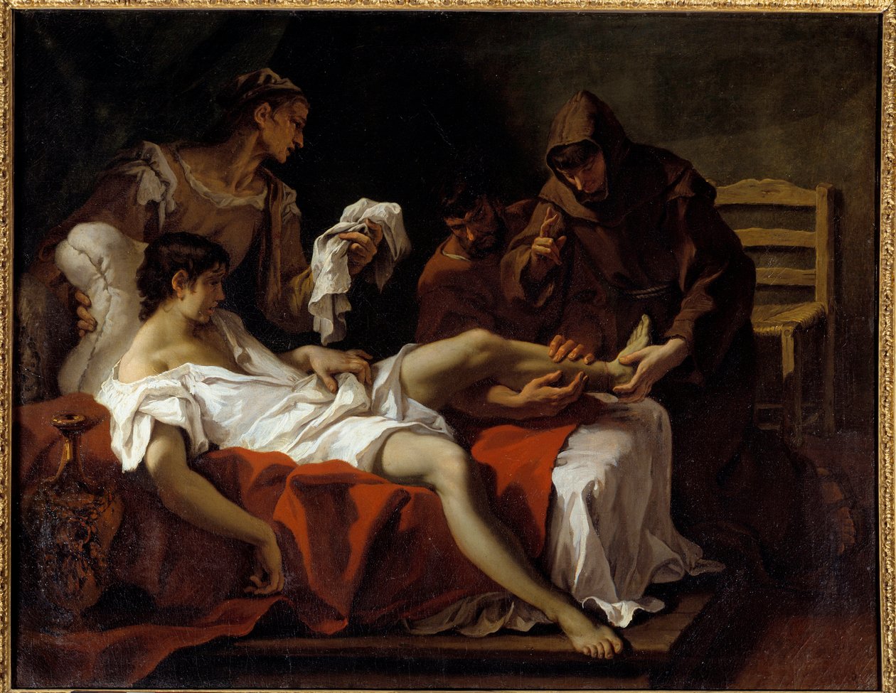Padualı Aziz Anthony (san antonio di padova), annesine vurduğu için kendini cezalandırmak için ayağını ampute eden genç bir adamla savaşıyor. Resim Sebastiano Ricci (1659-1734) by Sebastiano Ricci