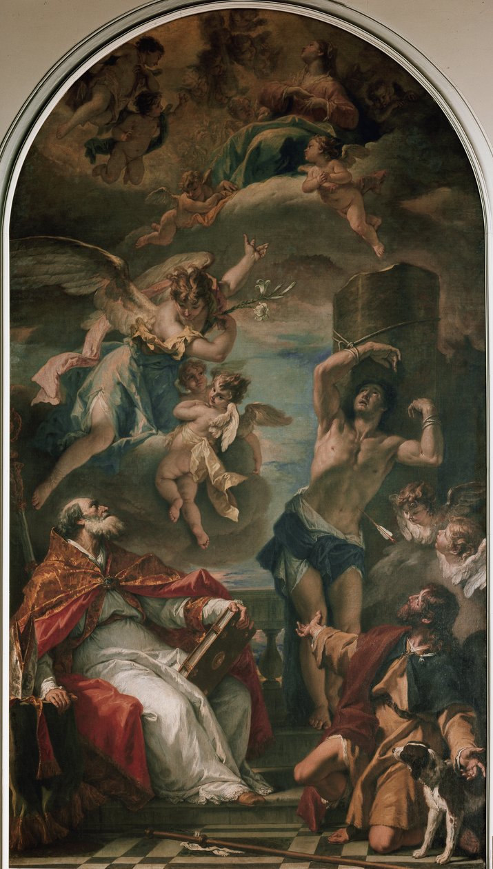 Başmelek Gabriel, St Eusebius, St Sebastian ve St Roch ile ihtişamlı Bakire (tuval üzerine yağlı boya by Sebastiano Ricci