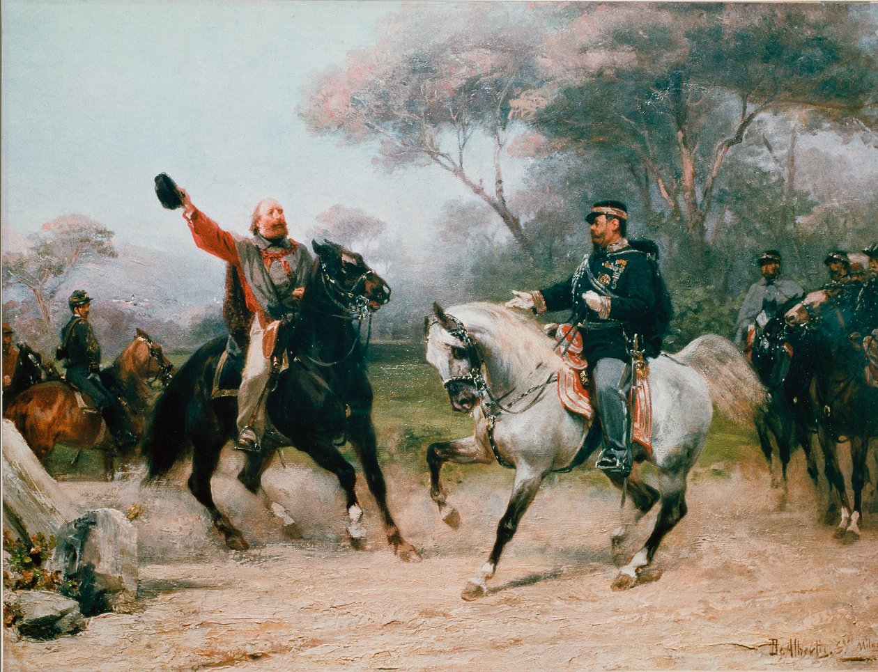 Giuseppe Garibaldi (1807-1882) Vittorio Emanuele II (Victor Emmanuel) (Victor-Emmanuel) ile tanışıyor Savoy'dan Teano'ya 26/10/1860 Resim Sebastiano De Albertis (1828-1897) 19. yüzyıl Milan, Museo del Risorgimento by Sebastiano de Albertis