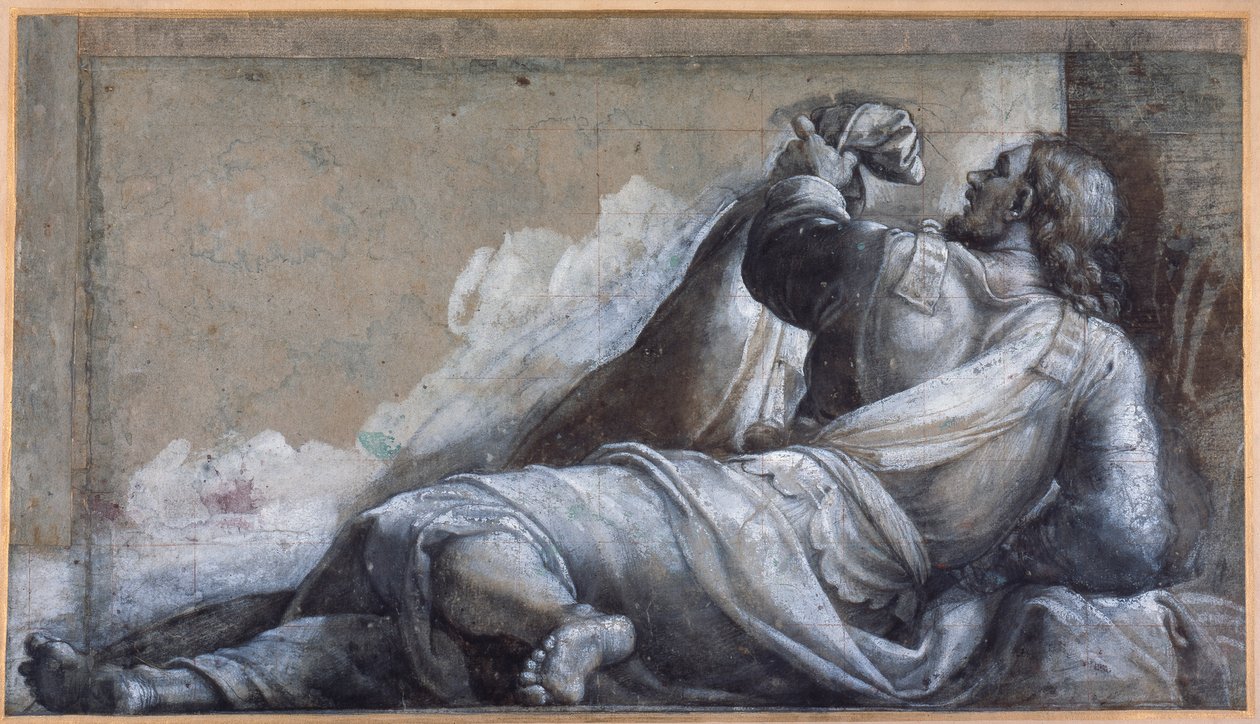 Bir uzanmış havari (carta azzurra üzerinde kahverengi yıkama ile siyah tebeşir) by Sebastiano del (c.1485 1547) Piombo