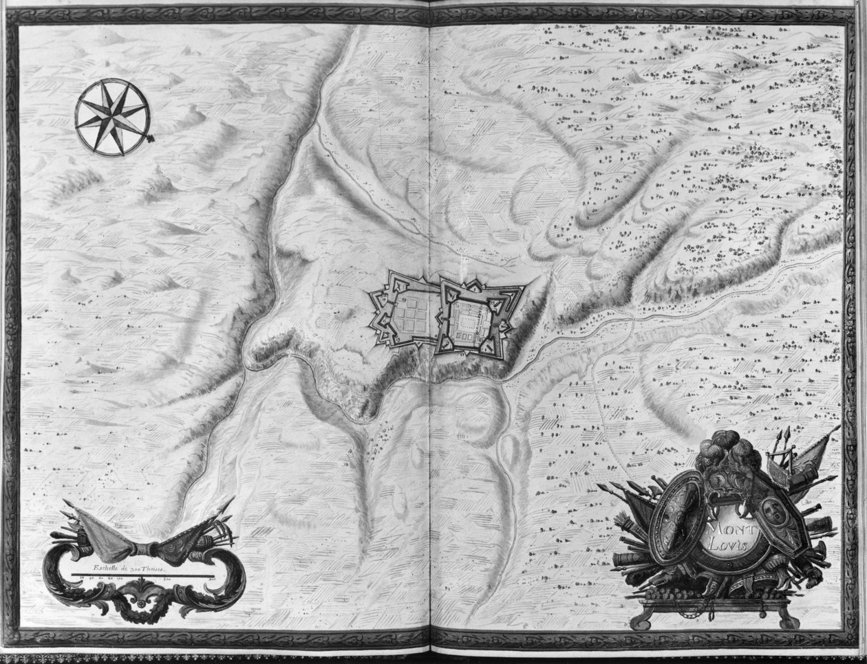 Ms. 986 Atlas 1081 Mont-Louis kasabasının, kalesinin ve çevresinin planı ve haritası, 1665 by Sebastien Le Prestre de Vauban