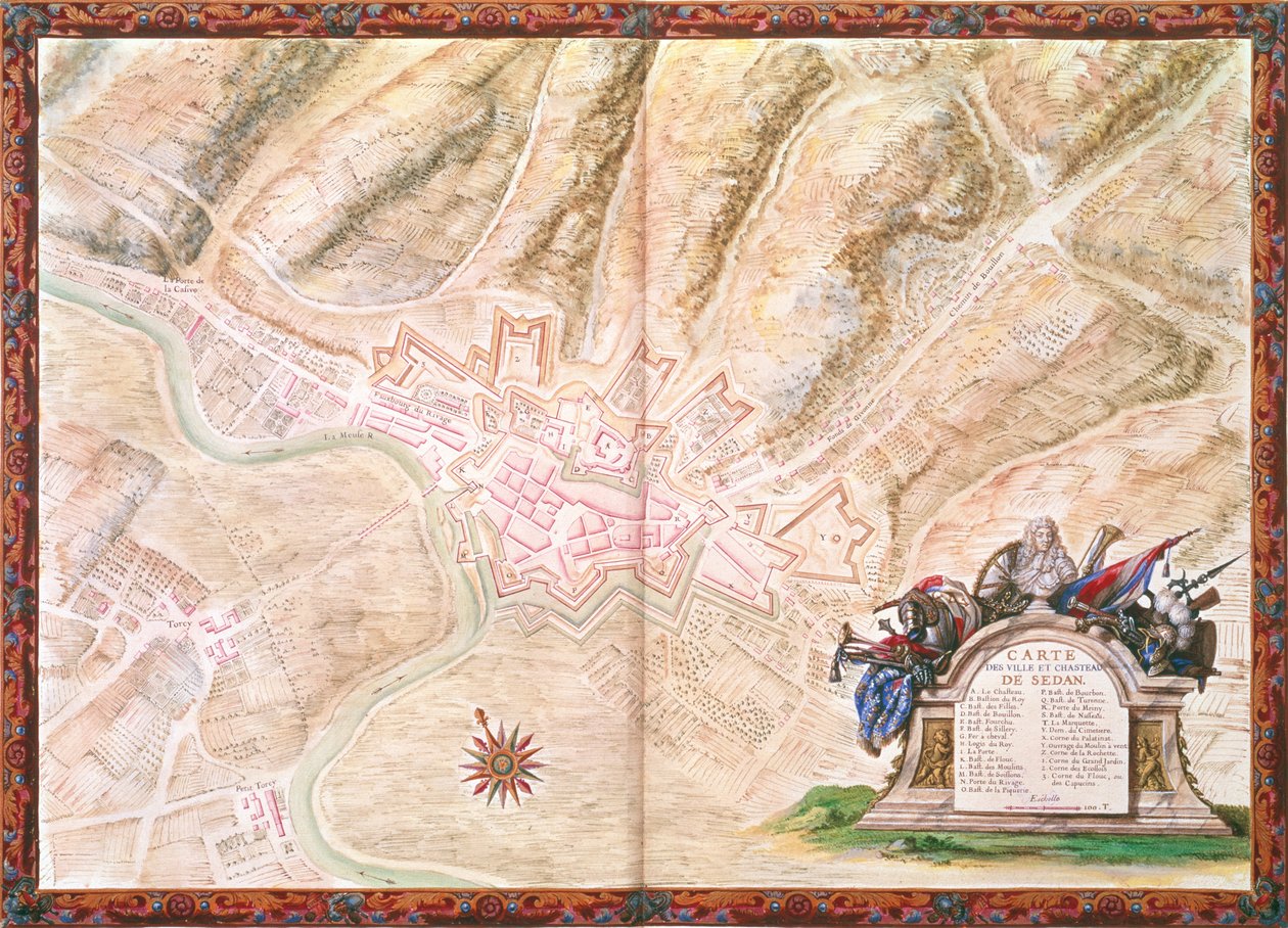 Ms. 988, Vol.3 fol.16 Plan ve Sedan kasabasının ve kalesinin haritası, Atlas Louis XIV