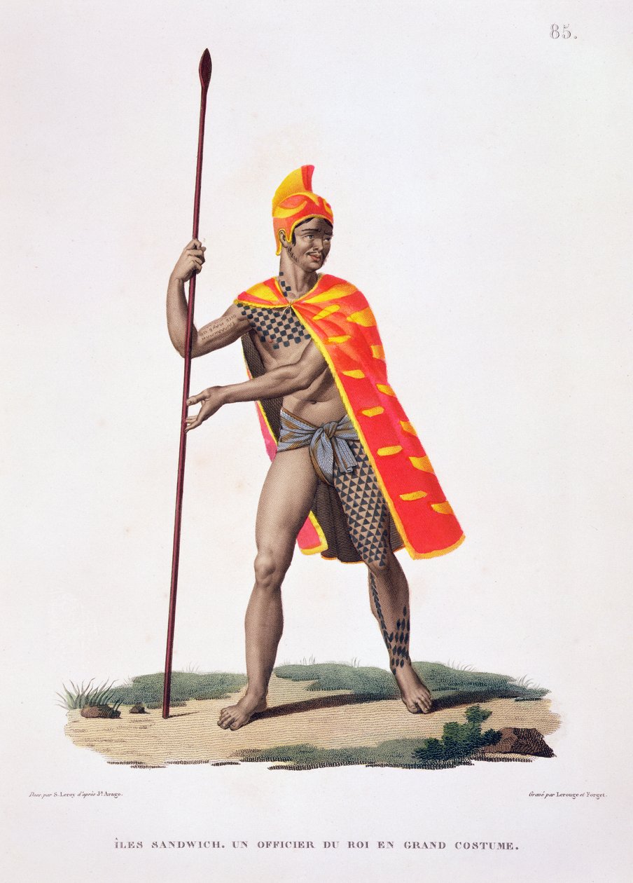 Sandviç Adaları: Louis Claude Desaulses de Freycinet (1779-1842) tarafından 'Voyage autour du Monde (1817-20)'den Devlet Kostümlü Bir Kralın Ofisi, Lerouge ve Forget tarafından oyulmuş, 1822-24'te yayınlandı by Sebastien Leroy