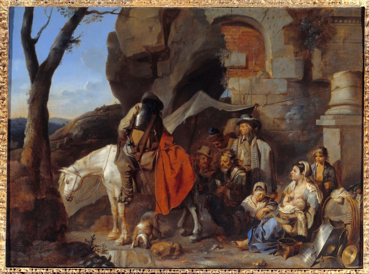 Eskiden Halte de bohemiens olarak adlandırılan askerlerin durdurulması, Sebastien Bourdon (1616-1671) tarafından 17. yüzyıl Güneşi tablosu. 0,43x0,58 m by Sébastien Bourdon