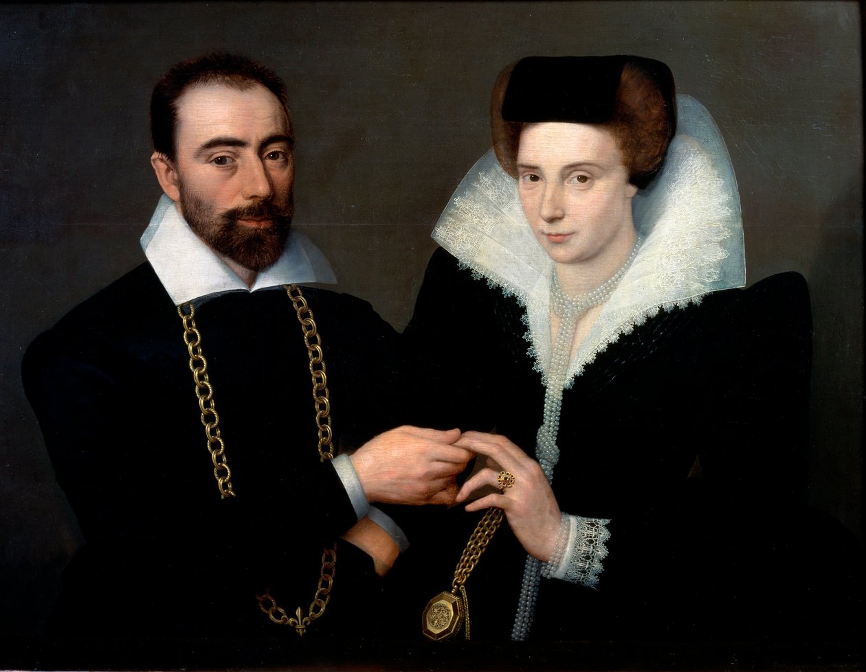 Bir Çiftin Portresi Her ikisi de siyah giyiyor, kadın güpür yaka takıyor. Fontainebleau okulunun resmi by Second School of Fontainebleau