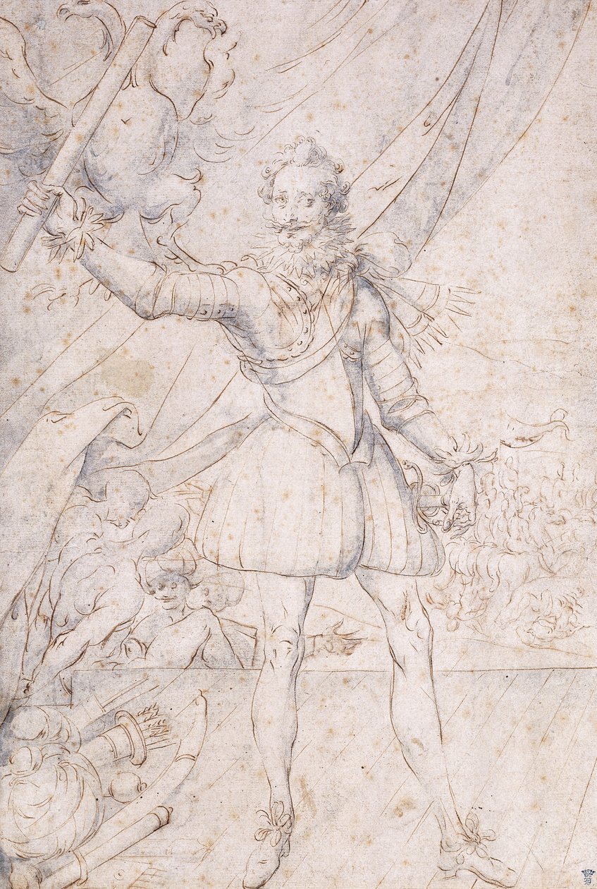 Kral Henry IV, tam boy, Osmanlı Silahlarının Ayaklarında Bir Kupa, Kartalın Önünde Parşömen Kaldırma (siyah tebeşir, tükenmez kalem ve mavi yıkamalı kahverengi mürekkep) by Second School of Fountainebleau
