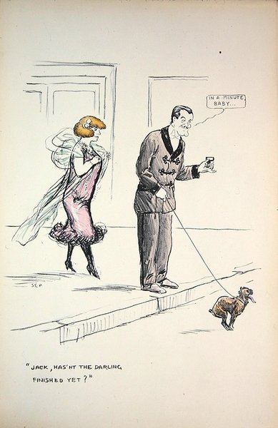 Bir köpeğin işini bitirmesini bekleyen çift, 1921 dolayları (renkli taş) by Sem
