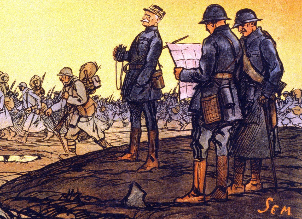 General Ferdinand Foch (1851 - 1929), birliklerinin savaş alanında ilerlemesini izliyor. Ulusal kredi için bir afiş detayı “” Bir saatin son çeyreği için.. bana yardım et! Ulusal Kredi abonelikleri Sem tarafından alınır by Sem