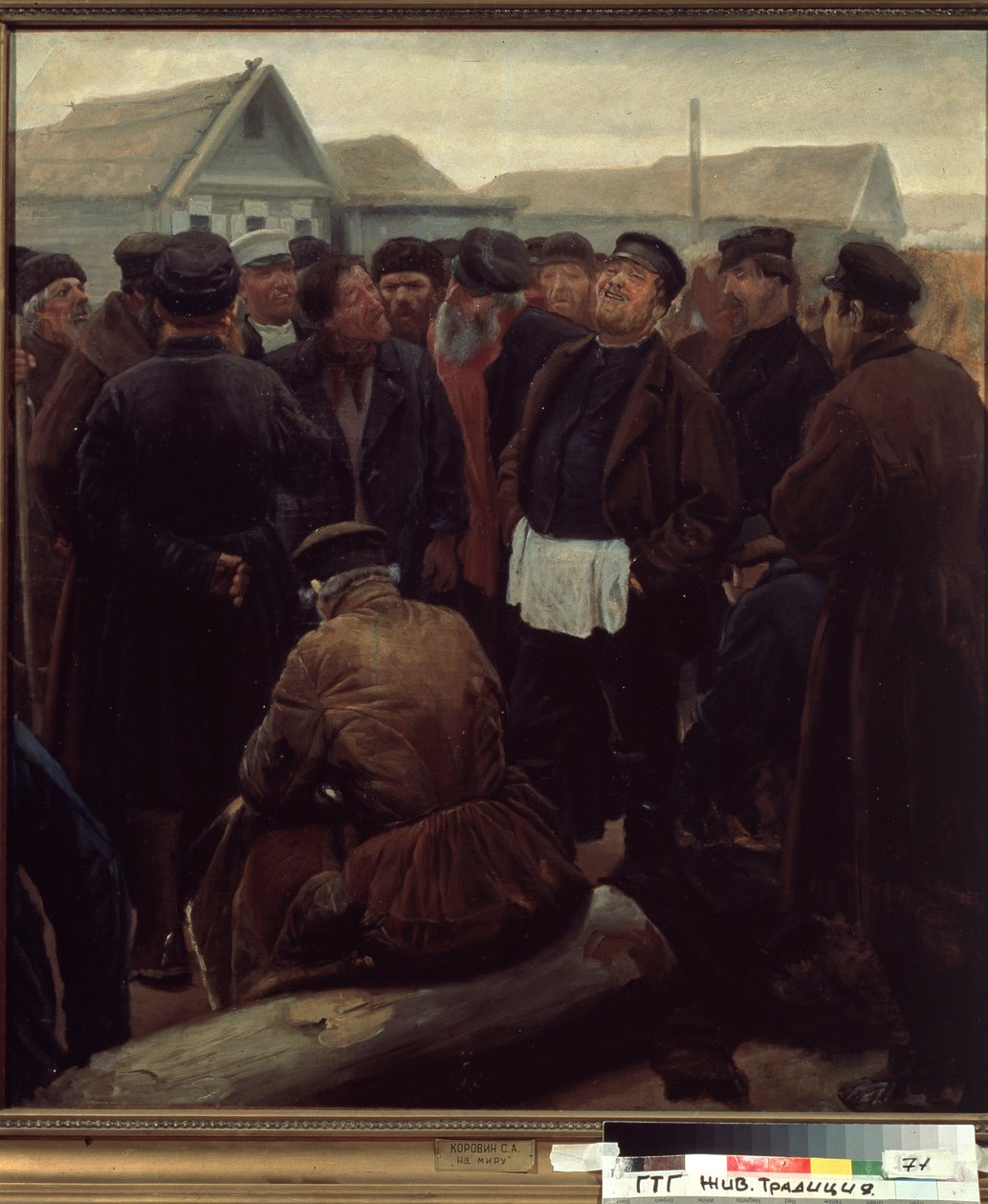 Kırsal toplulukla tanışın. (Ülke Topluluk Toplantısında). Çiftliklerin önünde bir grup Rus köylü. Sergei Alexeyevich Korovin (1858-1908), kağıt üzerine yağlı boya çalışması by Sergei Alexeyevich Korovin